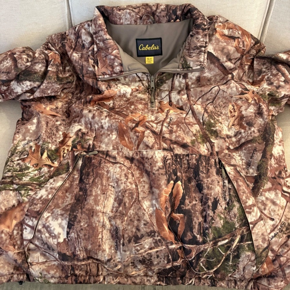 Cabelas Zonz Woodland Camo Dry-Plus Hunting Jacket Mens 2XL Quarter Zip Pullover